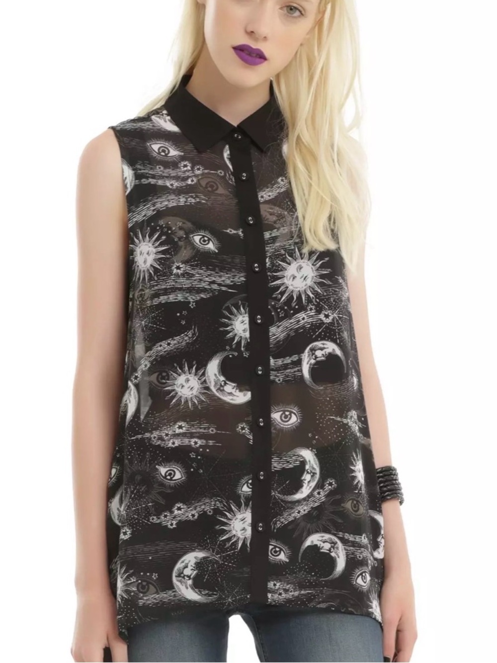 Hot Topic Black and White Celestial Print Sheer Button-Up Blouse S